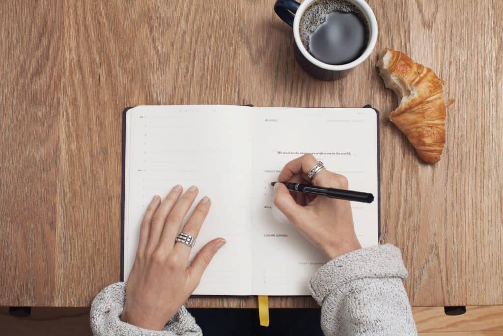 woman filing out a guided journal