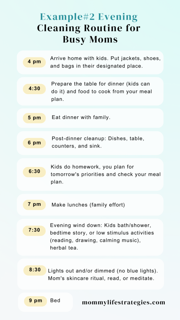 Example of evening cleaning routine for moms and families.