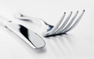 Fork and knife on table.