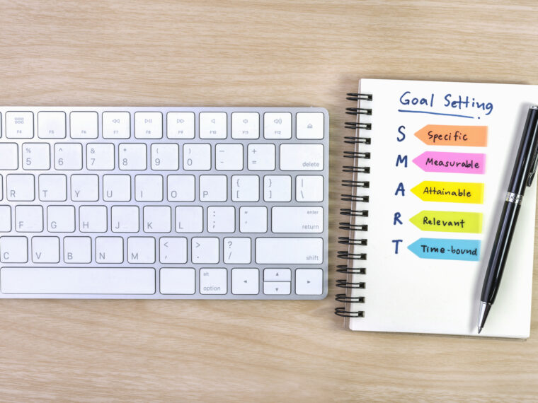 Desk with SMART goals planner.