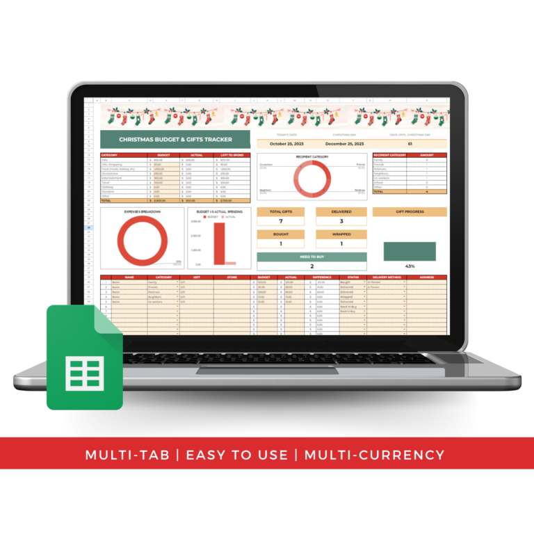 Open laptop with holiday planner Google Sheets spreadsheet with text that reads: "multi-tab,easy to use, multi-currency"