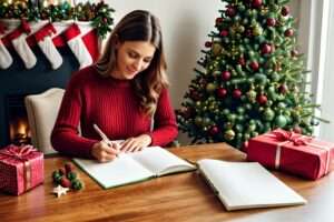 Woman writing in a notebook at her desk with a Christmas tree in the background.