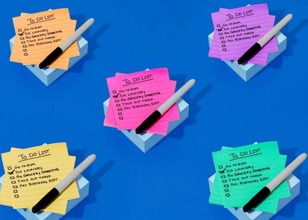 Piles of to-do-list sticky notes.